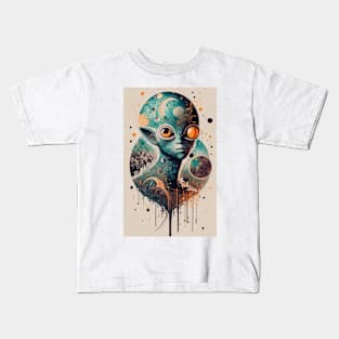 Cosmic Convergence: Alien Meets Earth in Ink Kids T-Shirt